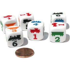 Set of 6 Train 18mm D6 Rounded Edge Koplow Dice - White with Multi-Color Etches