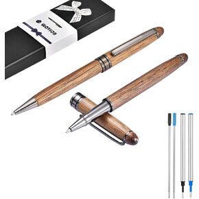 Wood Ballpoint Pen Set 2 Pack, Fancy Wooden Pens and Rollerball Pen for Men Extra 4 Ink Refills (2 Blue & 2 Black) Nice Writing Pen Sets Gift for Business Journaling Executive Signature