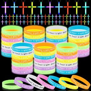 ShinyRelief 100 Pcs Glow in the Dark Christian Party Favors Silicone Bracelets for Kids Plastic Cross Necklace Bulk Sunday School Bible Verse Wristbands Luminous Pendant for Religious Gifts