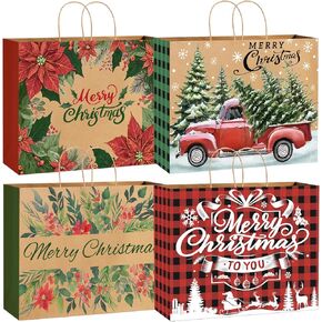 YUJUN 12PCS Extra Large Christmas Gift Paper Bags, Xmas Jumbo Kraft Tote Bags for Christmas Gifts Treat Shopping Wrapping Bags for Christmas Holiday New Year Party Favors Supplies