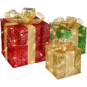Lighted Gift Boxes Christmas Decorations 3pcs Pre-Lit Light Up Xmas Present Boxes Ornament Outdoor Christmas Tree Tinsel Boxes with Bows for Outside Home Yard Decor