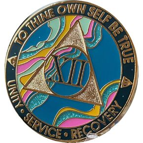 12 Year AA Medallion Elegant Marble Tahiti Teal Blue and Pink Gold Plated Chip