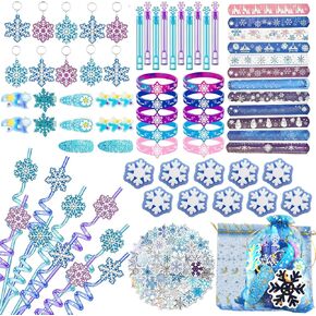 132Pcs Snowflake Party Favors Set Birthday Party Supplies Include 12 Bracelets, 10 Keychain, 10 snowflake squishies,10 wristbands,10 Hair accessories,10 straws,10 Bubble,50 Stickers and 10 Gift bags