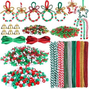 Gisafai 3009 Pcs Christmas Beads for Crafts Christmas Ornament Beads for Pipe Cleaners Tri Beads Polygonal Beads Round Beads Gold Bells Ribbons for Christmas Party Craft Wreath Candy Cane