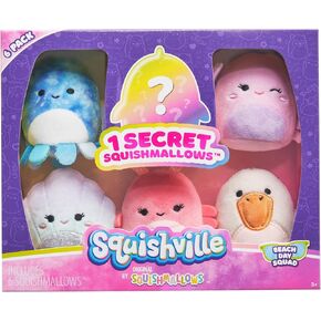 Squishville by Original Squishmallows Beach Day Squad Plush - Six 2-Inch Squishmallows Plush Including Mauricio, Deniz, Cosmina, Shauna, Chester, and a Surprise Squishmallow