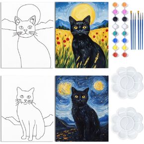 WEBEEDY Black Cat Pre Drawn Canvas for Painting 8x10 Inch Starry Sky Animal Canvas Painting Kit for Adults Stretched Canvas,Ready to Paint Beginner Date Night Party Supplies,2 Pack 20x25cm