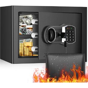 1.2 Cub Home Safe Fireproof Waterproof, Digital Home Security Safe Box with Fireproof Money Bag, Digital Keypad and Spare Keys, Small Fireproof Safe for Home Jewellery Money Valuables