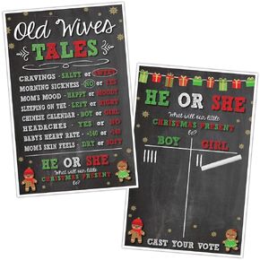 Christmas Gender Reveal Party Supplies - Old Wives Tales & Cast Your Vote Guestbook Reveal Game Christmas Theme Decorations Games - Includes 2 Game Posters with Chalk Marker (Erasable) by Katie Doodle