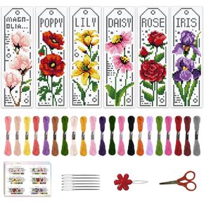 ACRNIGHEET 6PCS Cross Stitch Bookmark Kits Flower Patterns Counted Cross Stitch Kits for Beginners Rose Daisy Lily Stamped Embroidery Bookmarks with Accessories for Adults Craft Gift