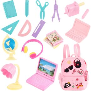 18pcs Mini Doll School Supplies: Miniature Model Backpack Laptops Book Paper Ruler Scissors Doll House Accessories Set