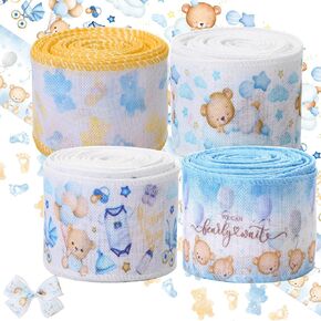 Ysleen 4 Rolls of 20 Yards Bear Baby Shower Ribbon 1.5 Inch Wide We Can Bearly Wait Wired Baby Shower Ribbon Bear Balloon Star Ribbon for DIY Craft Bear Theme Birthday Party Decor