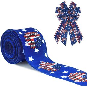 Hying Patriotic 4th of July Ribbons for Wreath Bows Wrapping Gifts, Star Patriotic Ribbons for Gift Wrapping DIY Crafts Wreath 4th of July Decor, 2.4" X 10 Yards Wired Edge Burlap Patriotic Ribbon