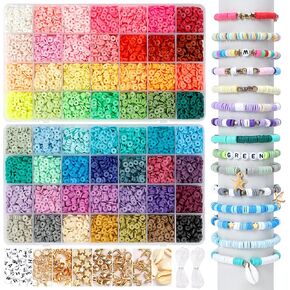 QUEFE 14420pcs Beads for Bracelet Making Kit, 56 Colors Spacer Heishi Beads Flat Round Polymer Clay Beads with Pendant Charms Kits and Elastic Strings