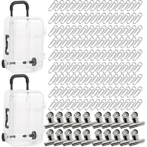 Transparent Mini Suitcase Packed with 2 + 240 Metal Paper Clip Clip Box +20 Metal File Clips Medium and Large Paperclips for Paperwork Ideal for Home, School and Office Use (Silver)
