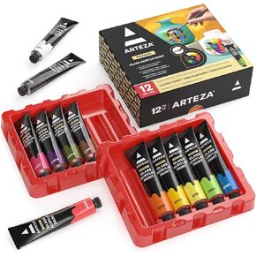 ARTEZA Glass Paint, Acrylic Paint Set of 12 Classic Tones, (0.74 oz, 22 ml) Tubes, Craft Paint for Glass and Ceramics, for Professional Artists and Beginners