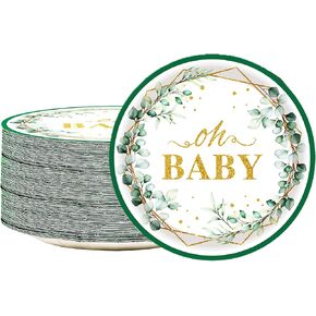 50Pcs Oh Baby Paper Plates Sage Green Baby Shower Party Supplies 7" Sage Greenery Dessert Plates Eucalyptus Plates for Kids Gender Reveal Sage Green Baby Shower Birthday Party Decorations (Green)