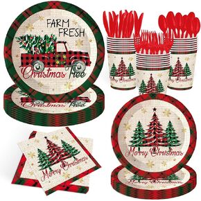 140Pcs British Plaid Christmas Party Decorations Car Christmas Tree Print Christmas Party Supplies Paper Plates and Napkins Christmas Paper Plates Winter Party Tableware Set, Serve 20 Guest