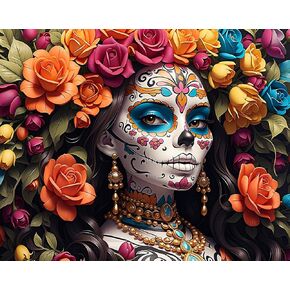 Day of the Dead Paint by Numbers for Adults, Festive Mexican Heritage Woman Paint by Numbers Kits with Paintbrushes and Acrylic Pigment, 16X20 Inch Flameless Wall Decor Oil Painting for Friends Family