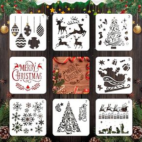 5" Christmas Stencils Template, 8 Pcs Reusable Plastic Drawing Painting Spraying Template for Porch Window Wall Door Journaling Scrapbook Greeting Cards Wood, Xmas Holiday DIY Decoration