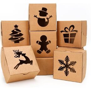 Moretoes 30pcs 4x4x2.5in Christmas Cookie Boxes, Small Xmas Bakery Boxes with Window Brown Kraft Treat Boxes for Holiday Party Favor Pastries, Cupcakes, Donuts Gift Warpping
