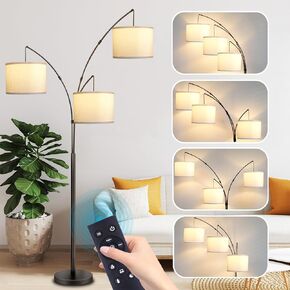 Arc Floor Lamp for Living Room with Remote Control, Dimmable Modern Mid Century 3 Lights Arched Tall Floor Lamp, Adjustable Standing Corner Lamp for Living Room Bedroom Office, Beige Lampshad (Brown)