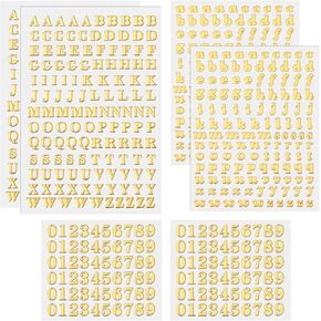 ANCIRS 6 Sheets (640 pcs Total) Resin Mini Letter Stickers for Nail Art, Glittering Epoxy Alphabet Number Stickers, Self Adhesive Scrapbook Stickers for DIY Craft- Gold