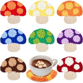 Preboun 8 Pcs Mushroom Punch Needle Coaster Kit, Punch Needle Embroidery Kit for Adults Beginners, Punch Needle Set Punch Needle Supplies Tufted Coasters Including Yarns Hoop Tools