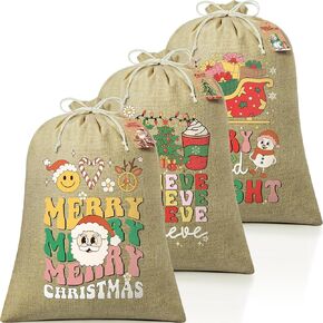 3PCS Large Burlap Christmas Drawstring Gift Bags with Tags, 18x24in Linen Christmas Gift Bags, Big Holiday Gift Bags Reusable Gift Wrapping Bags Jute Santa Sack for Xmas Present Party Favors