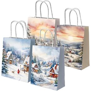 12pcs Christmas Gift Paper Bags Bulk with handles Watercolor Winter Wonderland Christmas Gift Bags Christmas Snow House Goodies Bags Winter Landscape Treat Bags for Wrapping Xmas Holiday Presents