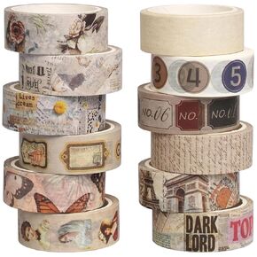 YUBBAEX 12 Rolls Vintage Washi Tape Set Wide Antique Masking Retro Artwork Decorative Tapes for Arts, DIY Crafts, Journals, Planners, Scrapbook, Wrapping