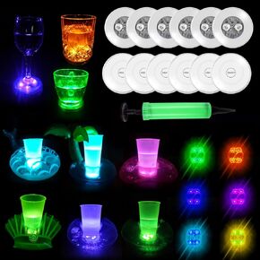 6 Pack Inflatable Drink Holders with 6 Pack RGB LED Bottle Lights, Drink Floats Inflatable Light Up Cup Coasters for Pool Party.
