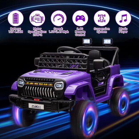 Kids Ride On Truck Car with Remote Control, 12V Battery Powered Toy Car with Spring Suspension, LED Lights, Music, Toddler Electric Vehicles for Girls Boys 3+, Purple in Saudi Arabia