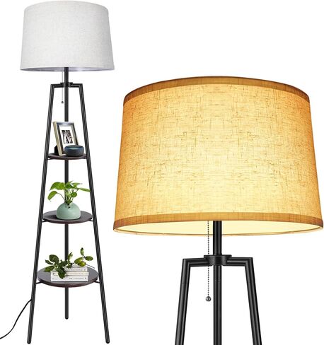 OUTON Tripod Floor Lamp with Shelves, Modern Shelf Floor Lamp with 3 Color Temperatures, Memory Function, Standing Tall Lamp with White Linen Texture Shade for Living Room, Bedroom, Office, Brown in Saudi Arabia