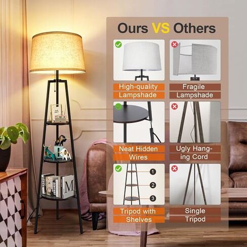 OUTON Tripod Floor Lamp with Shelves, Modern Shelf Floor Lamp with 3 Color Temperatures, Memory Function, Standing Tall Lamp with White Linen Texture Shade for Living Room, Bedroom, Office, Brown in Saudi Arabia
