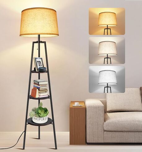 OUTON Tripod Floor Lamp with Shelves, Modern Shelf Floor Lamp with 3 Color Temperatures, Memory Function, Standing Tall Lamp with White Linen Texture Shade for Living Room, Bedroom, Office, Brown in Saudi Arabia