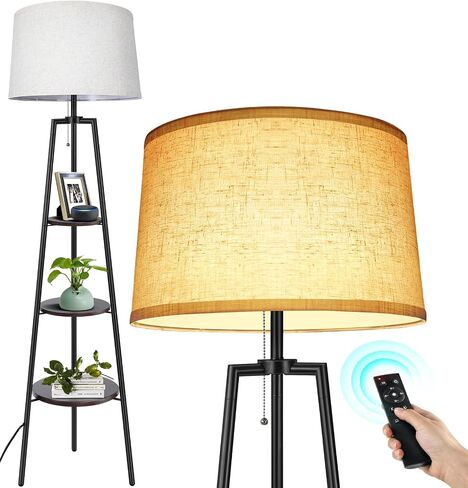 OUTON Tripod Floor Lamp with Shelves, Modern Shelf Floor Lamp with 3 Color Temperatures, Memory Function, Standing Tall Lamp with White Linen Texture Shade for Living Room, Bedroom, Office, Brown in Saudi Arabia