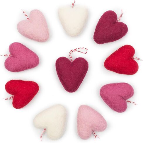 قلوب ملبدة من Glaciart - 1.5 بوصة جاهزة للتعليق (9 قطع) - تلبيد بالإبرة والزيوت العطرية جاهزة - مصنوعة يدويًا في نيبال باستخدام الصوف النيوزيلندي الطبيعي بنسبة 100%، للمشروعات الفنية، والأكاليل وديكور عيد الحب in Kuwait