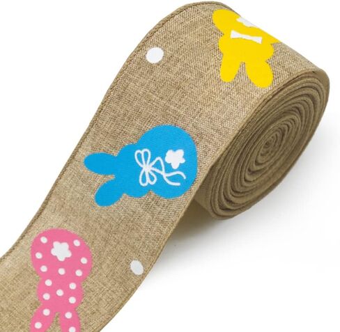 Easter Rabbit Wired Edge Ribbons 2.5" 10 Yards, Flaxen Natural Burlap Ribbon Bows for Wreath, Spring Colorful Bunny Gift Wrapping Ribbons for Easter Party DIY Craft Wreaths Bows Decoration in Saudi Arabia