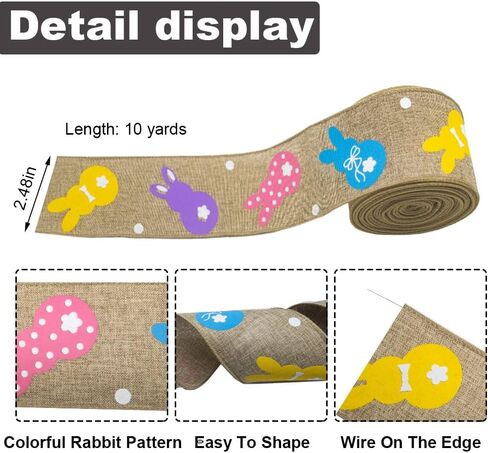 Easter Rabbit Wired Edge Ribbons 2.5" 10 Yards, Flaxen Natural Burlap Ribbon Bows for Wreath, Spring Colorful Bunny Gift Wrapping Ribbons for Easter Party DIY Craft Wreaths Bows Decoration in Saudi Arabia