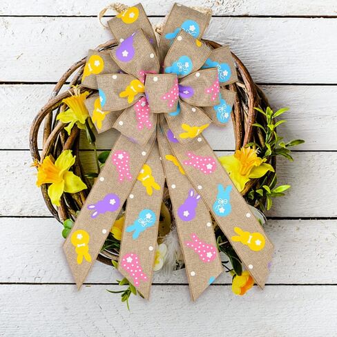 Easter Rabbit Wired Edge Ribbons 2.5" 10 Yards, Flaxen Natural Burlap Ribbon Bows for Wreath, Spring Colorful Bunny Gift Wrapping Ribbons for Easter Party DIY Craft Wreaths Bows Decoration in Saudi Arabia