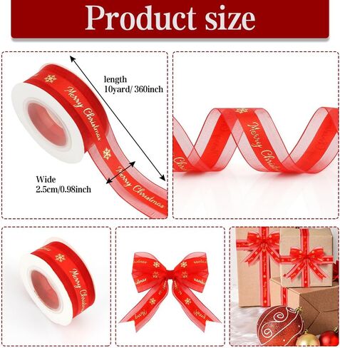 Red Christmas Ribbon 1 Inch 10 Yard Red Ribbon Merry Christmas Ribbon for Christmas Tree Mesh Satin Ribbon Red Christmas Bows Holiday Ribbon Christmas Decor Christmas Party Decorations Xmas Decor in Kuwait