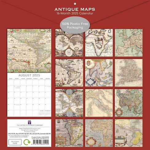 The Gifted Stationary 2025 Square Wall Calendar, Antique Maps, 16-Month Arts and Antiques Theme Hanging Calendar with 180 Reminder Stickers, Month Planner for Creative Spaces, 12x12 In in Saudi Arabia
