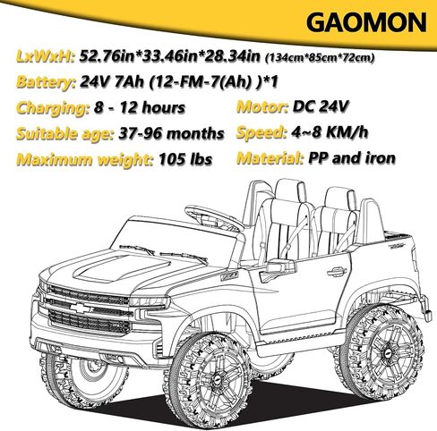 GAOMON 24V Kids Electric Vehicle Baby Car Licensed Chevrolet Silverado 2 Seater Ride On Toy with Remote, LED Lights, MP3, Bluetooth for Boys and Girls, Black in Saudi Arabia