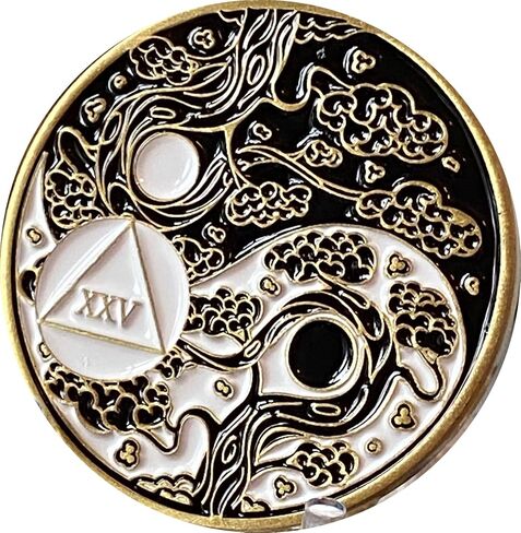 RecoveryChip 25 Year AA Medallion Sakura Tree Cherry Blossom Ying Yang Black and White Serenity Prayer Medallion in Saudi Arabia