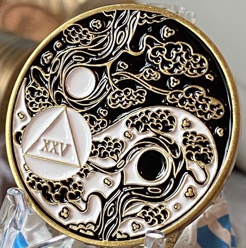 RecoveryChip 25 Year AA Medallion Sakura Tree Cherry Blossom Ying Yang Black and White Serenity Prayer Medallion in Saudi Arabia