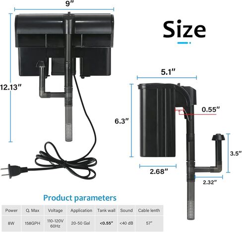 فلتر الطاقة لحوض السمك TARARIUM مع مقشدة سطحية بسعة 20-55 جالونًا. خزان أسماك المياه المالحة والمياه العذبة معلق على الفلتر الخلفي 158GPH نظام ترشيح مزدوج الشلال والأكسجين 4 مراحل in Kuwait