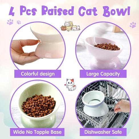 Hushee 4 Pcs Ceramic Raised Cat Food Bowls Elevated Tilted Cat Dish Anti Vomiting Food or Water Bowls Colorful Porcelain Pet Bowl for Cats Kitten Small Dogs, Protect Kitten Spines (Gradient Color) in Saudi Arabia