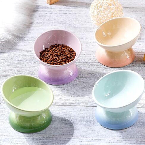 Hushee 4 Pcs Ceramic Raised Cat Food Bowls Elevated Tilted Cat Dish Anti Vomiting Food or Water Bowls Colorful Porcelain Pet Bowl for Cats Kitten Small Dogs, Protect Kitten Spines (Gradient Color) in Saudi Arabia