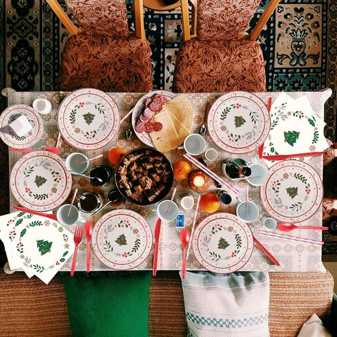 مجموعة أواني طعام للاستعمال مرة واحدة من 200 قطعة من زينة حفلات عيد الميلاد لـ 25 ضيفًا، أطباق ومناديل وأكواب وأدوات مائدة وشوك لمستلزمات حفلات عيد الميلاد in Kuwait