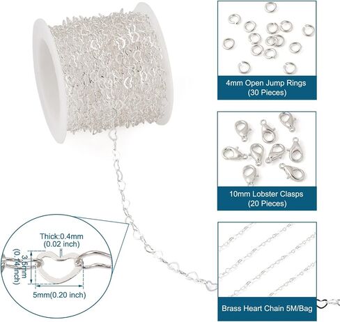 Pandahall 16.4 Feet Brass Heart Link Chains 18K White Gold Plated Heart Chains Soldered Jewelry Chains with 50Pcs Jump Rings Lobster Claw Clasps for Bracelet Necklace Jewelry Making in Saudi Arabia